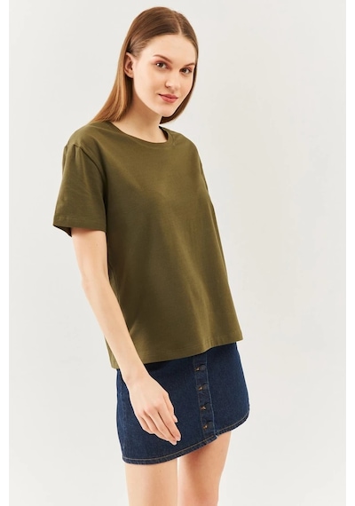 Kadın Rahat %100 Pamuklu Penye Bisiklet Yaka Kısa Kol Basic T-shirt Haki