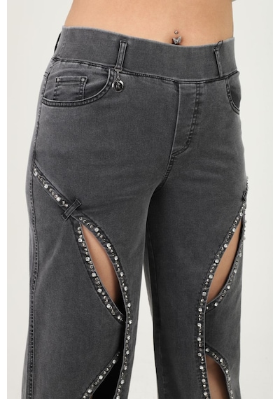 Zanessi Büyük Beden Denim Taşlı Yüksek Bel Pencere Detaylı Bol Paça Kadın Pantolon Siyah