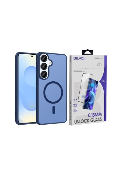 Vendas Samsung Galaxy S26 Kılıf M-safe Şarj Özellikli Zore Babet Kapak + Bilvis Cam Ekran Koruyucu Mavi