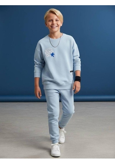 Zekids Erkek Çocuk Sırt Baskılı Tasarım Sweatshirt-16634 Mavi
