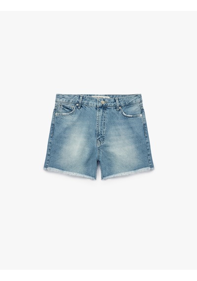 Koton Taş Detaylı Pamuklu Rahat Kalıp Mini Denim Şort Açık İndigo 6sal40235md