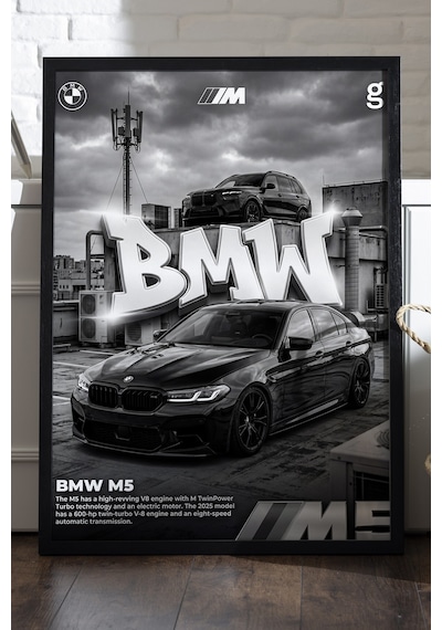 Bmw M5 Siyah Ahşap Çerçeveli Poster, Dekoratif Araba Duvar Tablosu