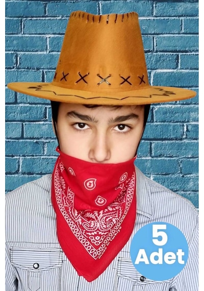 Uniquetrenders Çocuk Unisex Bandanalı 5'li Nubuk Kovboy Şapkası 8-14 Yaş Taba 2