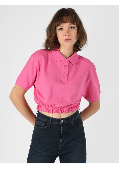 Colin's Normal Kesim Polo Yaka Crop Pembe Kadın Kısa Kol Tişört CL1064048_Q1.V1_PFS