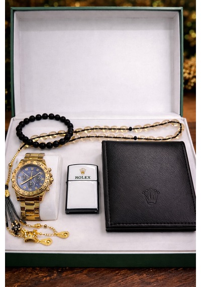 Elifin Işığı Gold Premium Erkek Saat & Aksesuar Hediye Seti Mavi Kadran Özel Seri Altın