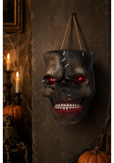 Hareket Sensörlü Işıklı Sesli Kafatası Asma Süsü Hareketli Çeneli Halloween Cadılar Bayramı Dekoru
