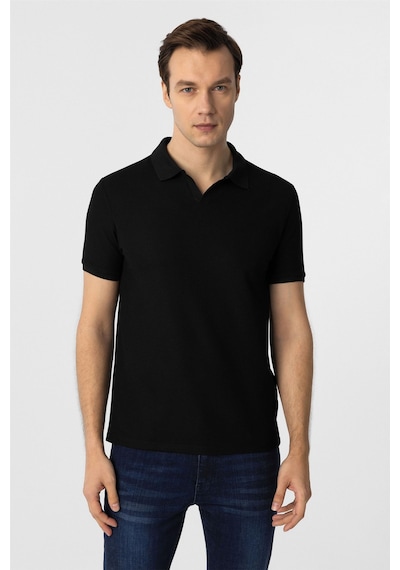 Süvari Siyah Slim Fit Armürlü Polo Yaka Tişört-37306 Siyah