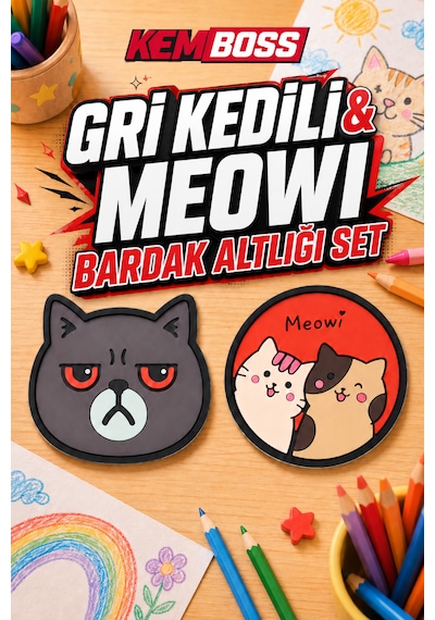 Kemboss Gri Kedi Ve Meowi Kedi Bardak Altlığı Seti 4'lü - Pvc Kaydırmaz Bardak Altlığı 2 Gri Kedi + 2 Meowi Kedi Çok Renkli