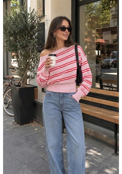 Sayzen Your Shine Trend Kayıkçı Yaka Çizgili Kadın Triko Kazak Pembe