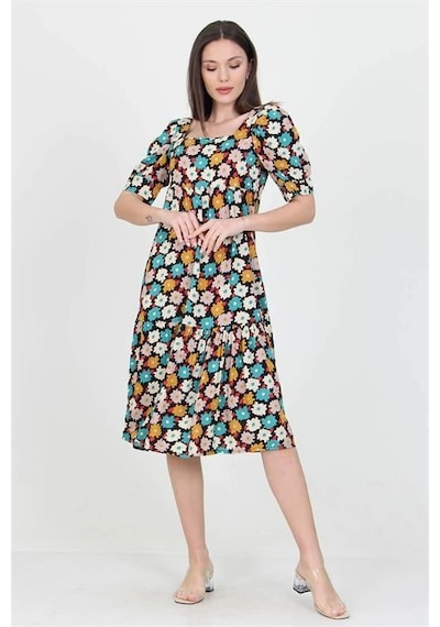 Dip Moda Kadın Kare Yaka Çiçek Desenli Viskon Elbise Dpnb10026 Turkuaz