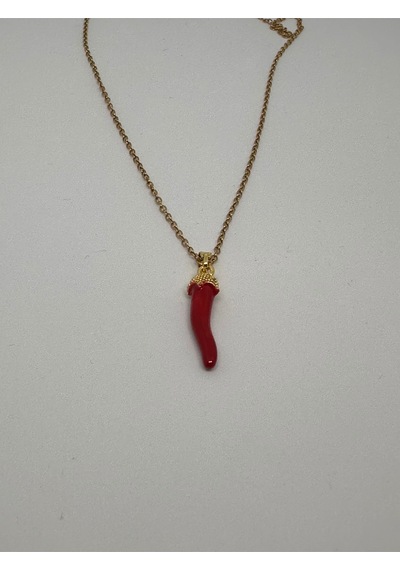 Kırmızı Çelik Biber Şans Kolyesi Unisex Altın Renk Zincir Altın