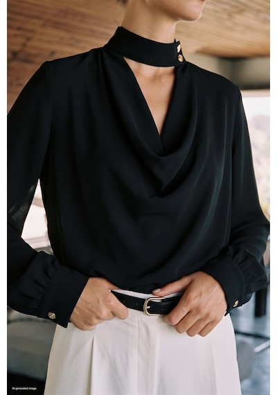 Sateen Degaje Yaka Bluz - Siyah-137961