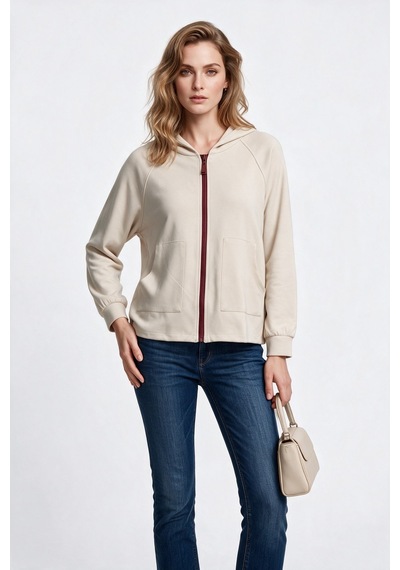 On Kadın Kapüşonlu Tam Fermuarlı Reglan Kol Cepli Sweatshirt Taş