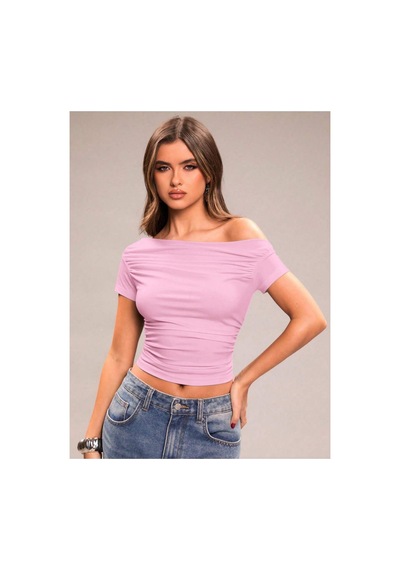 Wild Flower Asimetrik Yaka Kadın Crop Bluz Omuz Dekolteli Açık Pembe