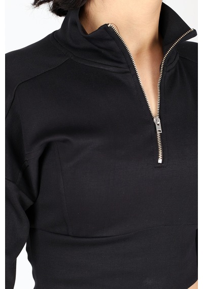 Armonika Kadın Siyah Yakası Fermuarlı Crop Sweatshirt Arm-26k042009