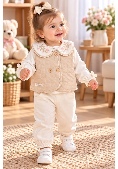 Baby Hi Kız Yakalı Şişme Yelekli Üçlü Takım 9-18 Aylık -dü662395 - Bej