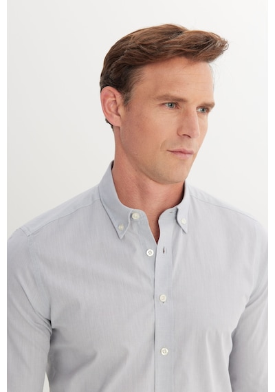 AC&Co / Altınyıldız Classics Erkek Grı Flamlı Slim Fit Dar Kesim Düğmeli Yaka Gömlek Grı