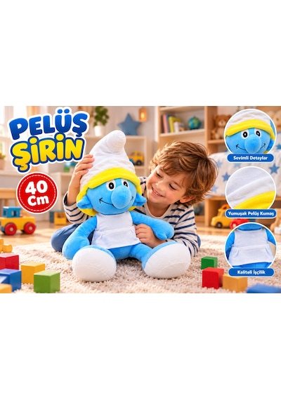 Oyuncak Peluş Şirinler Şirin Baba-şirine-gözlüklü Şirin-gülen Şirin Sevimli Oyun Arkadaşı Hediyelik 40 Cm Mavi - Sarı