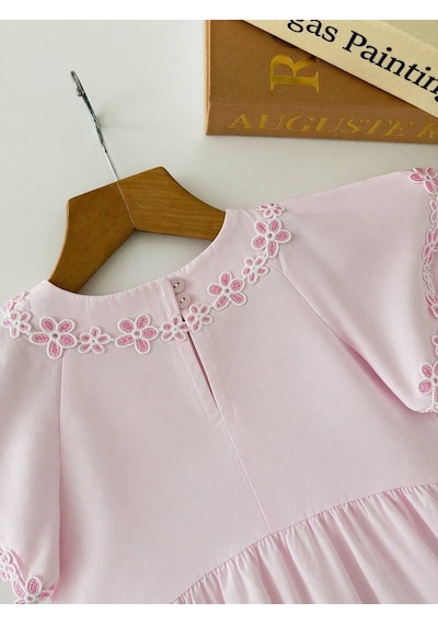 Miniko Kids Kız Çocuk Yaka Çiçek İşlemelei Pamuk Elbise Pembe