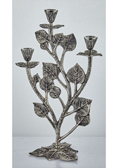 Leaf 3 Lıghts Candle Holder Nıckel Antıque 25,5x15,5x43 Cm Gümüş