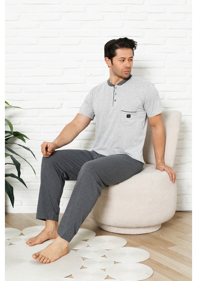 Enisena Erkek %100 Pamuklu Pijama Takımı-3 Düğmeli-yaka Cepli 12384 Gri
