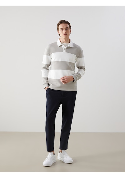 Lcw Vision Ekru Polo Yaka Uzun Kollu Çizgili Erkek Sweatshirt