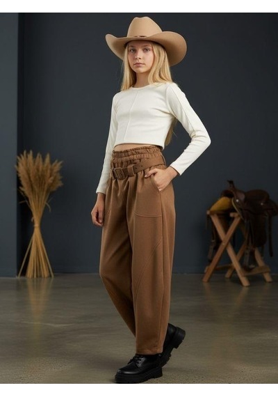 Zekids Kız Çocuk Kemerli Süet Baggy Tasarım Pantolon-16465 Camel