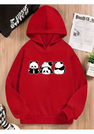 Uyguntarz Unisex Yaramaz Pandalar Baskılı Oversize Sweatshirt Kırmızı