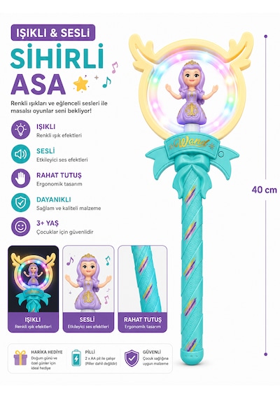Işıklı Ve Sesli Dönen Sihirli Asa 40 Cm Renkli Led Işıklı Oyuncak Asa Pamuk Prenses