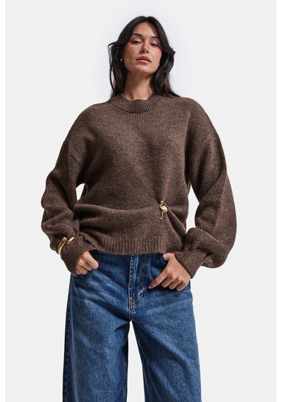 Kadın Kahve W6-16 Oversize Aksesuar Detaylı Tasarım Triko Kazak