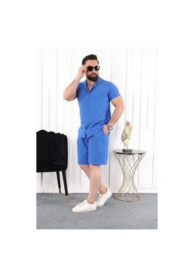 Mcz Giyim Keten Sax Mavisi Renk Slim Fit Erkek Şort - Gömlek Alt Üst Takım