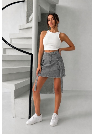 Bluemarlin Kar Siyah Kargo Cep Kuşaklı Denim Kot Etek Kar Siyah