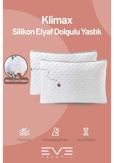 Eve Tekstil 2 Adet Klimax Serisi Kılıflı Fermuarlı Klimali Antialerjik Silikon Elyaf Yastık 50x70cm 900 Gr Beyaz