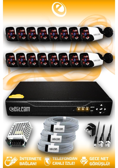 Elitcam 16 Kameralı Panda 16 Dış Kamera Set HDD'siz Full HD Gece Görüşlü Güvenlik Kamerası Sistemi