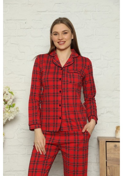 Farya Home Dreamy Ekoseli Pamuklu Biyeli Uzun Kollu Gömlek Pijama Takımı Kırmızı Ekose Kırmızı