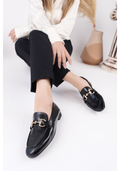 Muggo Stride Metal Tokalı Kadın Günlük Loafer Ayakkabı Siyah