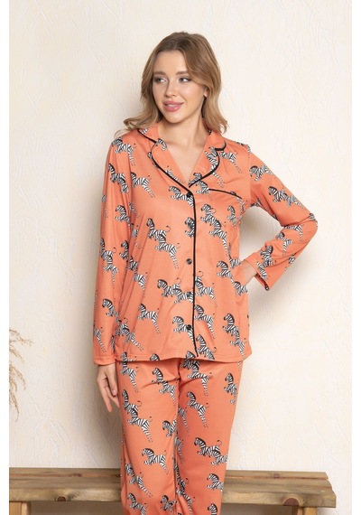 Myben Kadın Kiremit Renkli Düğmeli Zebra Desenli Biyeli Uzun Kollu Pijama Takımı D-10001 Kiremit