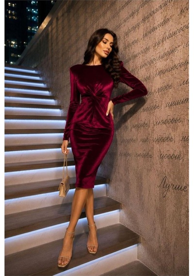 Lior Design Kadın Sade Kadife Kumaş Bisiklet Yaka Vatkalı Midi Abiye Elbise Bordo