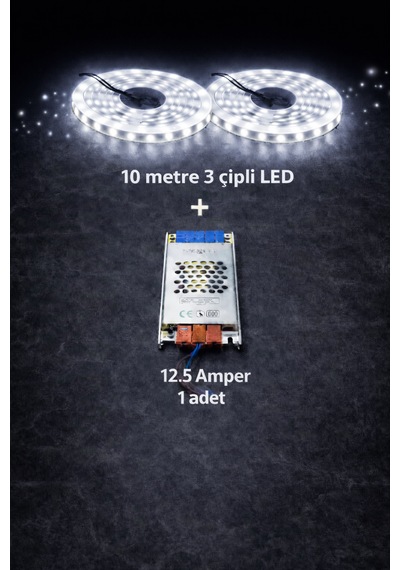 3 Çipli 10 Metre Led + 12.5 Amper Trafo 10 Metre Beyaz