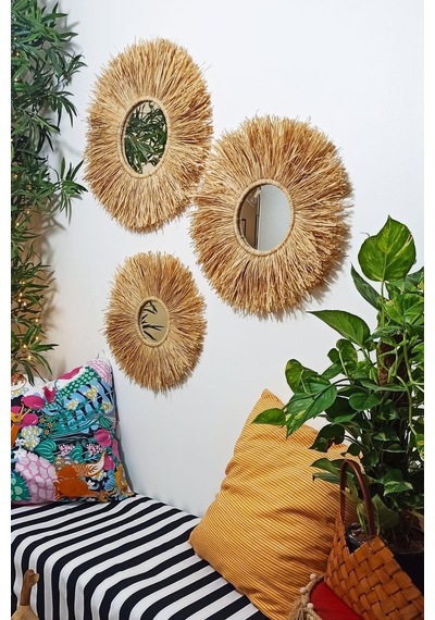 My Golden Beauty Woodda Dekoratif Aynalı Rafya Duvar Süsü Bohemian Style 3 Adet 45 Cm