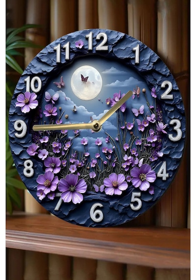 Gece Bahçesi - 3d Görünümlü Sessiz Mdf Duvar Saati 33 Cm Sdw281 Renkli