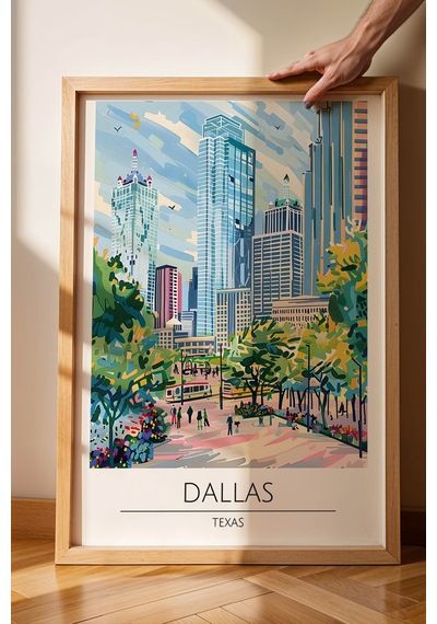 Texas Dallas Temalı Çerçeveli Tablo Travel Serisi Modern İllüstrasyon Şehir Duvar Dekoru Kayın