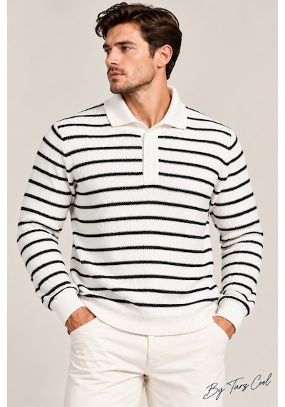 Erkek Çizgili Polo Yaka Triko Kazak Slim Fit Uzun Kollu Pamuk Akrilik Karışımlı Beyaz