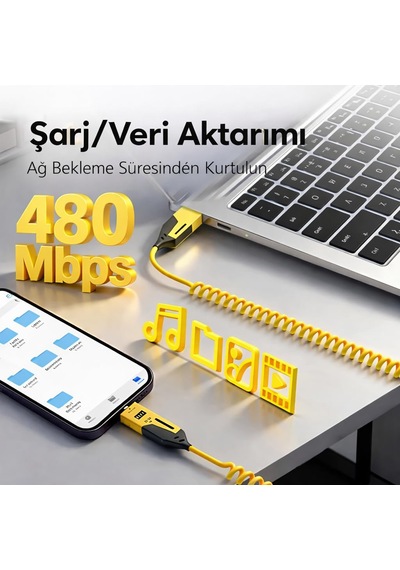 4 Ü 1 Arada 65w Yaylı Hızlı Şarj Kablosu Type-c & Lightning Pd Destekli, Dolaşmaz Spiral Ta Standart
