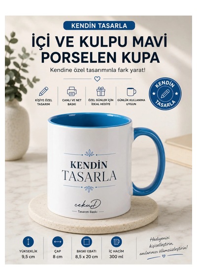 Kendin Tasarla Içi Ve Kulpu Mavi Porselen Kupa Bardak Kişiye Özel Fotoğraflı, Yazılı Ve Logolu Baskılı 300 Ml