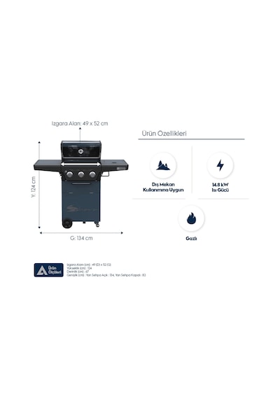 Aygaz X350 Klasik Lpg'li Barbekü - Led Işıklı, Pratik Kullanım, Geniş Izgara Alanı, Gri Mavi Gri