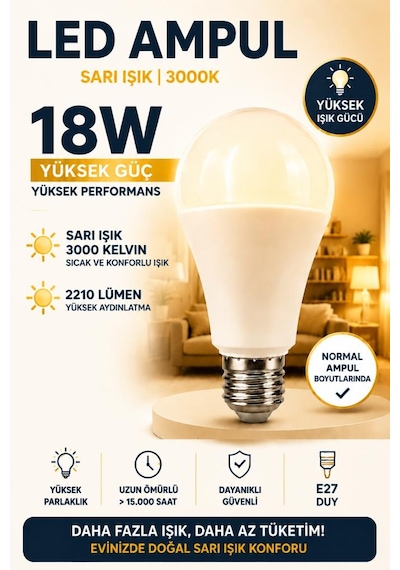 Rutter Rt-1041 18w E27 Led Ampul 3000k Sarı Işık 2000 Lümen Yüksek Parlaklık - Aydınlatma