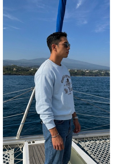 Tarz Cool Erkek Organik Pamuklu Yumuşacık Baskı Detaylı Bisiklet Yaka İçi Polarlı Sweatshirt Mavi