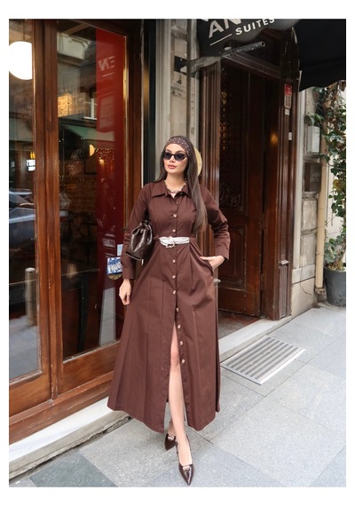 Kechi Woman Poplin Kumaş Akseusarlı Elbise Kahverengi