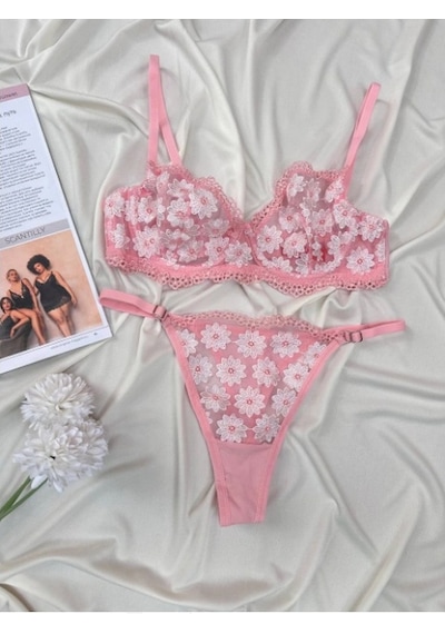 Arona Kadın Balenli Transparan Papatya Desenli Tanga Sütyen Takımı Pembe Papatya Pembe